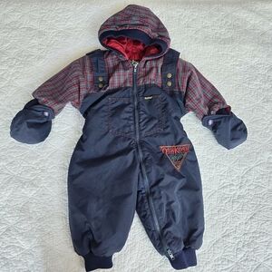 Vintage Oshkosh Toddler Snowsuit Onsie Bunting Navy Plaid 18 Months